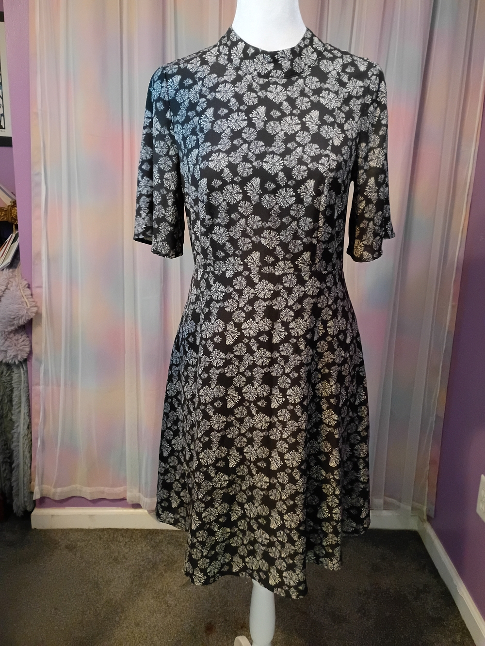 H&M Black Cream Floral Ruffle Flared High Neckline Print Midi Dress Size 6